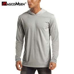 Magcomsen Summer Hooded T-shirt Män Simning T Shirt Surfing Rash Guard Långärmad UV Sun Protection UpF50 Snabbtork Tee Shirts 210716