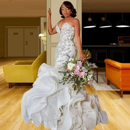 Arabiska Sweetheart Mermaid Bröllopsklänning Lace Beading Ruffles Train Bridal Gowns Plus Storlek Luxury Vestido de Novia