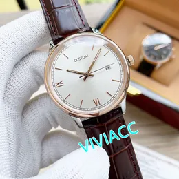 New Classic Men Automatic Sport Mechanical Date Wristwatch Rose Gold Stainless Steel Black Leather White Rome Dial Watches 40mm