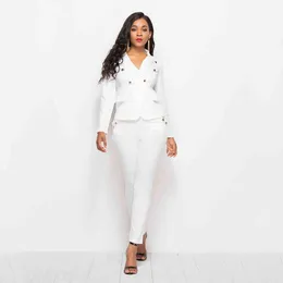 Outono inverno mulheres mulheres elegante terno 2 pedaço conjunto branco blazer casaco lápis slim longo calça escritório senhora jaqueta feminino roupas 210507