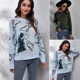 Maglione lavorato a maglia a maniche lunghe a maniche lunghe con spalla a cartone animato di dinosauro, nuove magliette da donna europee americane
