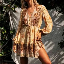 Gypsylady gul hippie sommar mini klänning blommig tryck boho klänningar kvinnor långärmad v-hals bomull knäppas främre tappning klänning x0521