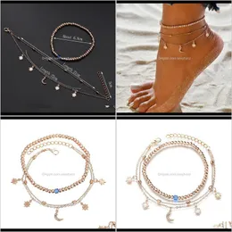 Anklets Jewelry Drop Delivery 2021 Summer Anklets、Multi-Layer Womens Beaded Star Moon Anklet Women AUEVF