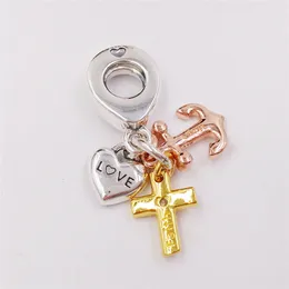 925 Sterling Silver Jewelry Supplies Pandora Triple-Tone Cross, Serce Anchor Dangl Charms Łańcuch DIY Bransoletka Dokonywanie Akcesoria Dla Kobiet Kit 399354C01