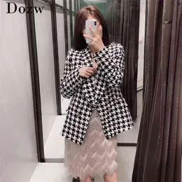 Moda Houndstooth Blazer Kobiety Elegancki Płaszcz Tweed Casual Double Breasted Siatek Kurtka Z Długim Rękawem Kobieta Chaqueta Mujer 210515