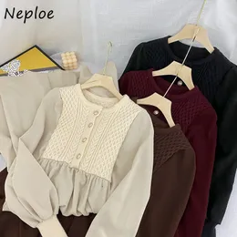 Neploe O Neck Pullover Puff Long Sleeve Dress Women High Waist Hip A Line Loose Vestidos Twist Design Solid Robe Spring 210510