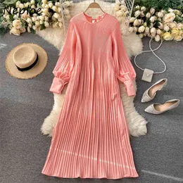 NEPLOE SHIFFON CHIC DROBSRING Plised sukienki O-Neck Rękawem Puff Luźny Styl Beach Sukienka Solid Color Sweet Mid-Długość Vestidos 210423