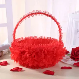 Lace Flower Romantic Silk Cloth Wedding Ceremony Party Rose Flower Girl Makeup Basket Gift 210408