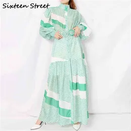 Mulher vestido longo faixas verdes listrado lanterna manga vestidos boho split maxi fêmea outono inverno 210603