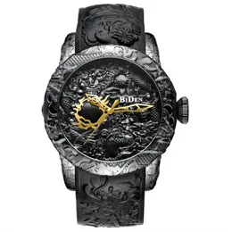 Wristwatches Creative 3D Rzeźba Dragon Mężczyźni Zegarek Laser Engrawe Carving Gold Black Leather Band Reloj Negro Hombre Male Wrist Zegarki