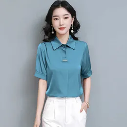 Sommar koreanska mode silke blus kvinnor nedbrytning krage satin kontor lady röd kortärmad blus plus storlek xxxl damtoalett toppar 210531