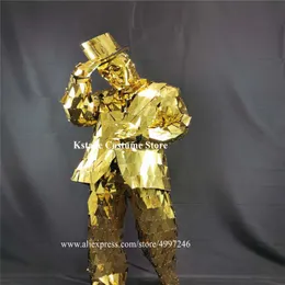 Decoração de festa BV7 Robot Men Gold Color Mirror Suit Club Executar a passarela veste roupas de dança Disco Show Jacket DJ Hat Roup