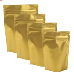 Acceptera anpassad logotyp 100x Durable Matte Gold ZiPlock Metallic Mylar Packing Väskor Värme Tätningsbar Stå upp Zip Lock Poucheshigh Qty