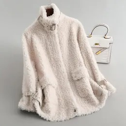 OftBuy New Fashion Winter Jacket Women Coateve Real Natural Wool Fur o-Neck Zipperルーズ濃い暖かいストリートウェアオーバーコート