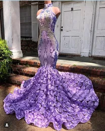 Lilac Lavender Prom -klänningar utsökta pärlor med hög hals 3D -blommor sjöjungfru vestidos de fiesta fest aftonklänningar