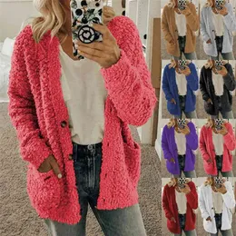 Plush Coat Women Autumn Winter Casual Long Sleeve Button Faux Fur Jacket Plus Size Soft Warm Overcoat Femme Pocket Teddy Outwear 210507