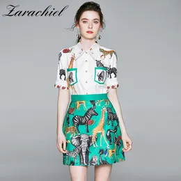 Mode Designer Zoo Suit Summer Women Short Sleeve Pocket Shirt Top + Animal Print Green A-Line Mini Skirt 2 Piece Set 210416