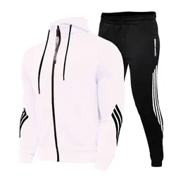 2021 primavera e outono marca moda homens de duas peças listrado sportswear homens com capuz top ao ar livre calças esportivas de pilha terno H1120