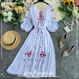 Zomer Jurk الشيفون Borduren Vrouwen Bohemian Lange Jurken Sjerpen Boog Kwastje Vestidos A-Lijn رداء فام 210521