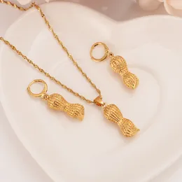 18K Solidne Grzywny Złoty F Dubai Indie Peanut Vintage Dangle Kolczyki Naszyjnik Biżuteria Zestawy Party Jewellery
