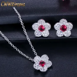 Korean Fashion Brand Ladies Jewelry Red Cubic Zirconia Stone Flower Pendant Necklace and Earring Sets for Women T137 210714