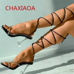 Chaxiaoa Clear Heels Kobiety Gladiator Sandały Otwórz Toe Wycięte Wysokie Obcasy Luksusowe Kryształowe Damskie Buty Party Sandals Q0623