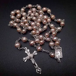 Collier chapelet perles d'eau douce naturelles Collier bijoux croix catholique haut gamme