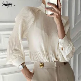 Fashion Stand Collar Pleated Women Shirts Office Lady Puff Sleeve Chiffon Blouse Spring Autumn Solid Kvinna Toppar 12725 210508