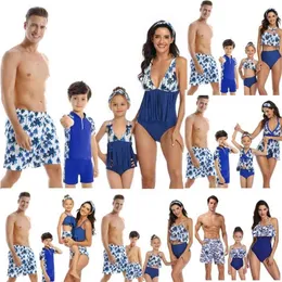 Familj matchande badkläder mamma dotter taseel blad blå bikini pappa son baddräkt kvinnor män par outfits flickor pojkar baddräkt 210724