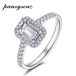 PANSYSEN Smaragdschliff 925 Sterling Silber Simulierter Moissanit Ring Hochzeit Verlobung Zirkon Ringe für Frauen Großhandel Schmuck Y0611