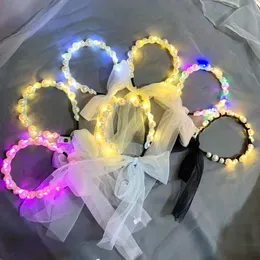 Luminous Pearl Headband LED Colorful Flashing Glow Birthday New Year Wedding Party Pearl Lace Hair Fairy Children Toys Gifts