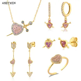 Andywen 925 Sterling Silver 2021 Kärlek Valentiens Gift Drop Earring Stud Piercing Ring Set Multi Rosa Zircon Fine Smycken