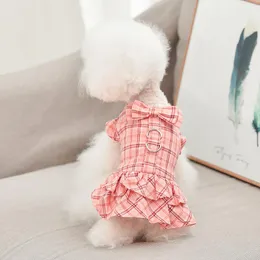 Köpek giyim evcil hayvan saf pamuklu elbiseler pembe haki kafes kore etekleri küçük köpek yavrusu moda kıyafetleri için tasma
