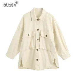 Kvinnor Snygga överdimensionerade fickor denimskjorta jacka vintage långärmad sida öppen tunn kappa kvinnlig chic casaco 210520