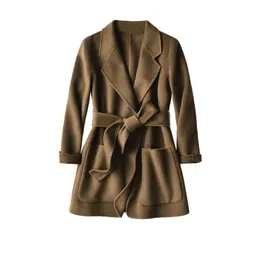 Women's Wool & Blends SHUCHAN Korean Coats Women Pockets Adjustable Waist Turn-down Collar Wide-waisted High Quality Winter