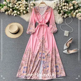 Primavera Boho Holiday Dress Dress Mulheres Impressão Moda Maxi Vestido Francês Laço V Neck Slow Sleeve Botão Lace Up Vestidos 210521