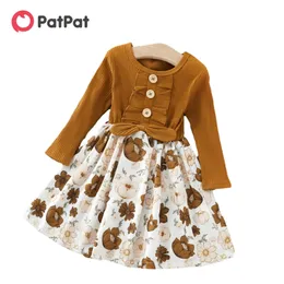 Arrivo Autunno e inverno Baby / Toddler Flower Print Splice Abito a maniche lunghe Kids Girl Abbigliamento 210528