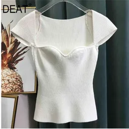 DEAT neue frühling sqaure kragen ärmellose strickpullover dünne kurze hohe taille top weibliche tank WK69001l 210406