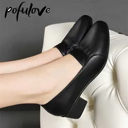 Pofulove Shoe Heels Leather Black Lady Work Professional Luxury Designer High 220119