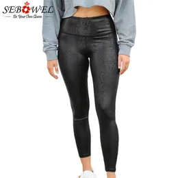 Sebowel Kvinnors Svart Snakeskin PU Leggings Casual Solid Färg Slim Fit Hög midja Push Up Sport Läder Legging för Fitness 211215