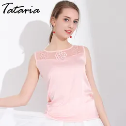 Tataria Sleeveless Ladies Tops And Blouses Satin Lace Blouse For Women Summer Work Wear Clothing Debardeur Chemise Femme 210514