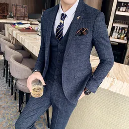 Mens Tweed Suits High Quality Plaid Wedding Groom Tuxedos Single Button Slim Fit Business Prom Dress Mens Formal Dress Suits 5