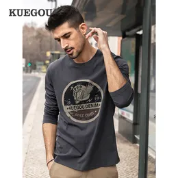 kuegou 100％コットンスプリング服メンズTシャツ長袖ファッションスカルTシャツヴィンテージサファイアトッププラスサイズZT-88122 210524