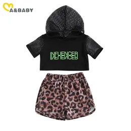 1-5Y Sommer Mode Kind Kinder Mädchen Kleidung Set Brief Mit Kapuze Tops Leopard Shorts Outfits Schwarz Kostüme 210515