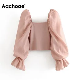 Aachoae النساء الأورجانزا المرقعة محبوك بلوزة أنيقة انظر من خلال كم تمتد قميص الإناث مربع طوق الوردي قصيرة قمم 210413