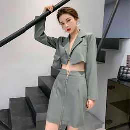 Women Elegant Notched Collar Long Sleeve Short Coat Tops + Hight Waist Zipper Skirt Outfits Summer Office Lady Two Pices Set 210514