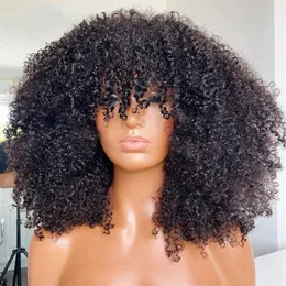 Kort Afro Kinky Curly Wig med Bangs för Black Women Syntetisk Lace Front Wigs Afrikansk Värmebeständig Cosplay Hair
