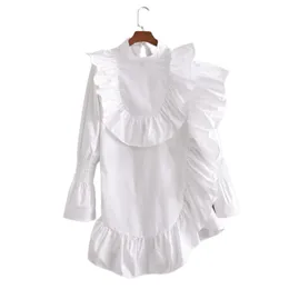 Snygg chic asymmetri Ruffles Dress Women Fashion High Neck Dresses Elegant Dam Långärmad Vestidos 210520