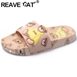 REAVE CAT New 2021 Women Slippers Open Toe 2cm Heels Cute Cartoon Bear Stylish Soft Comfort Non-Slip Bathroom Summer A3769 Y1120