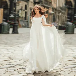 Cywilna Rustykalna Boho Suknia ślubna z tulei Caped Szyjka Pełna długość Szyfonowa Plaża Czeski Bride Dresses 2021 Ogrodowe Garden Suknie Ślubne Szaty De Mariage